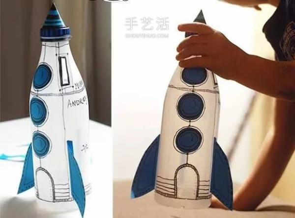 How to make a handmade cartoon rocket piggy bank with a milk bottle