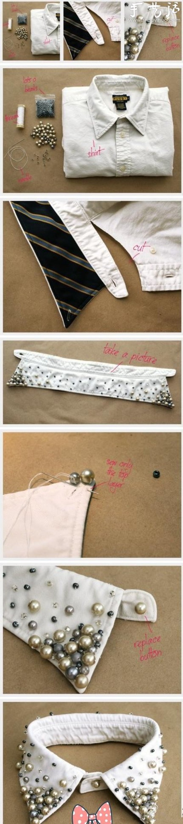 Tutorial on DIY necklace with white shirt collar