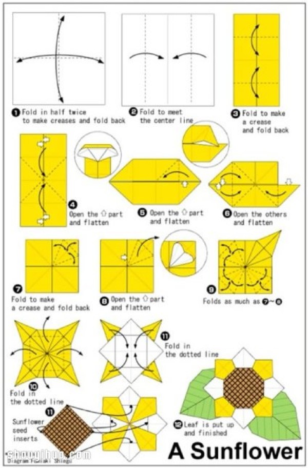 How to fold handmade origami sunflowers, illustrated tutorials on folding sunflowers