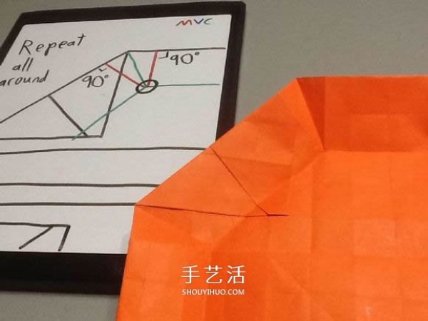 Origami illustration of three-dimensional jack-o-lantern, how to fold complicated hand-made jack-o