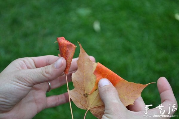 Handmade roses with fiery red maple leaves