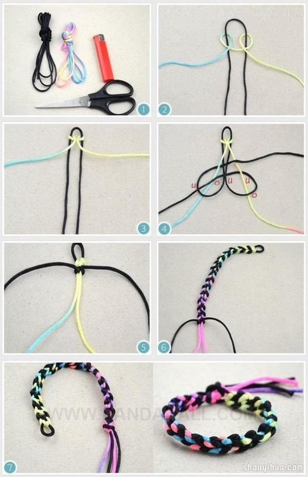 Illustrated tutorial on how to knit a two-strand rope color-changing rainbow bracelet