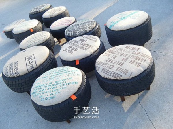 Pictures of used tires transformed into sofas and chairs.