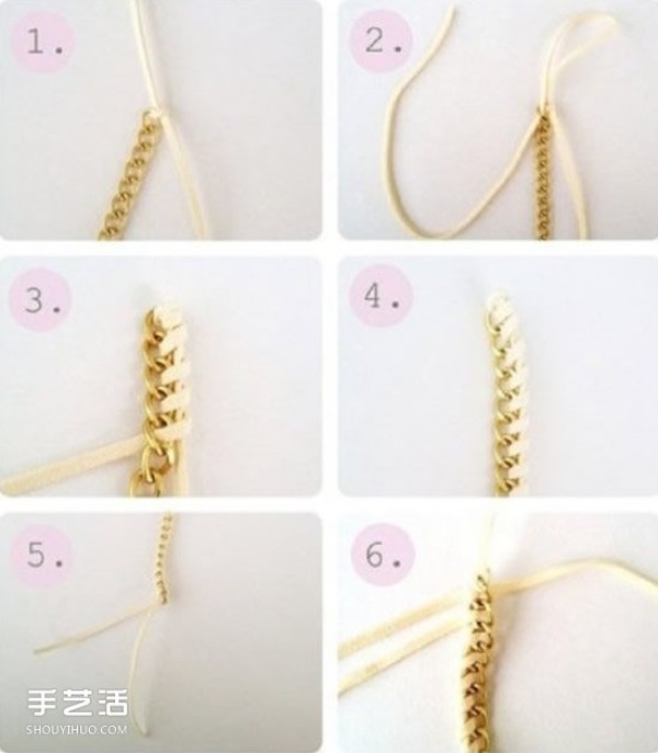 Illustration of how to knit a simple and stylish leather and metal chain mixed and matched style bracelet