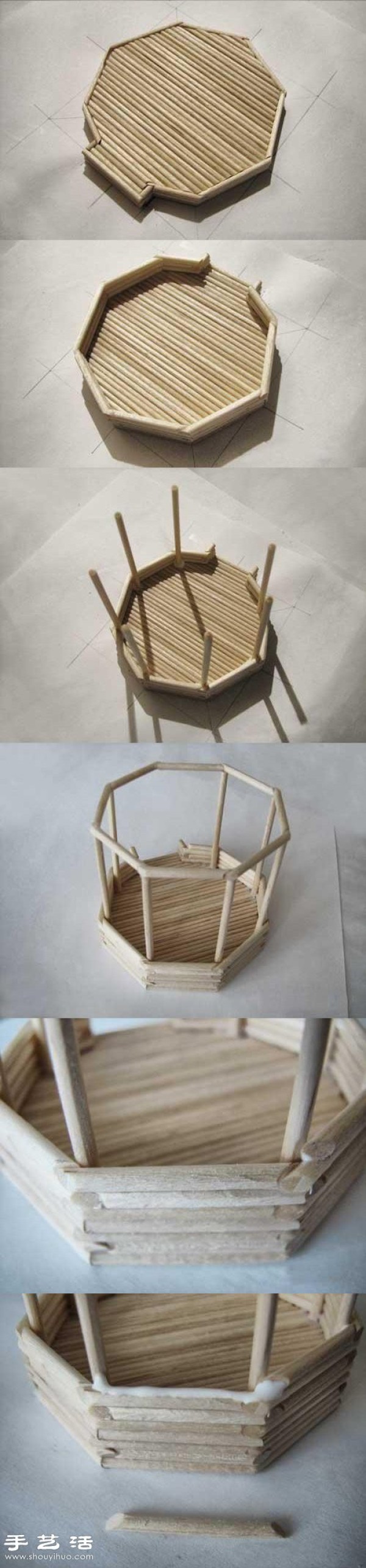 How to hand-make a pavilion model using thin wooden sticks/disposable chopsticks