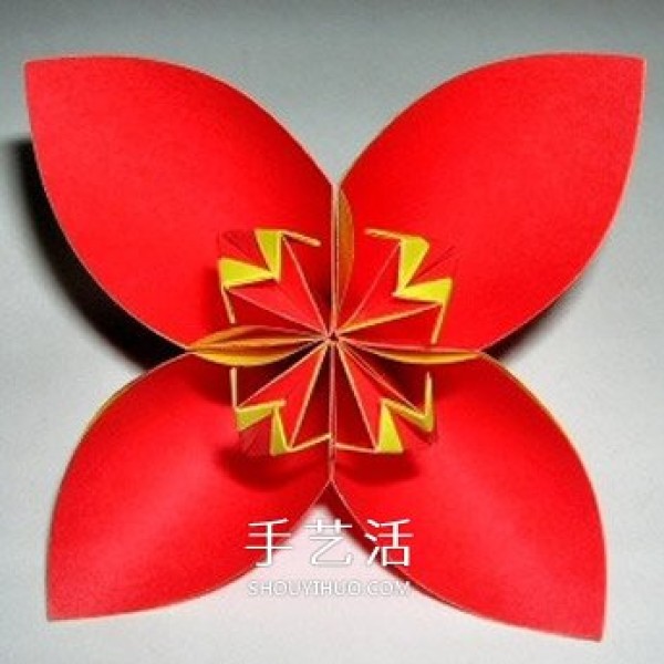 Illustration of the origami method of six four-petal flowers combined into beautiful flower balls