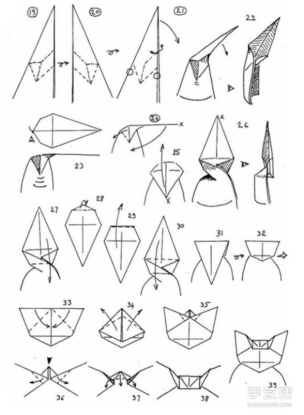 The origami diagram of a complex cat, the folding steps of a three-dimensional sitting cat