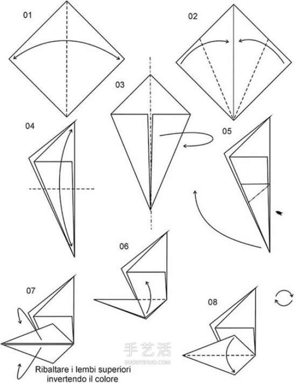 Step-by-step diagram of folding three-dimensional lizard, process of hand-made origami lizard