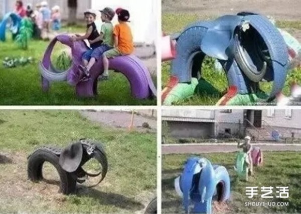 Creative handmade use of waste tires to make DIY seesaws and elephant toys