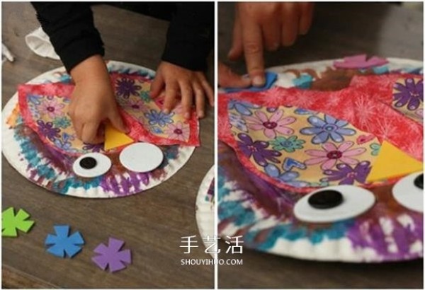 A small handmade paper dinner plate is made into a cute owl hanging ornament