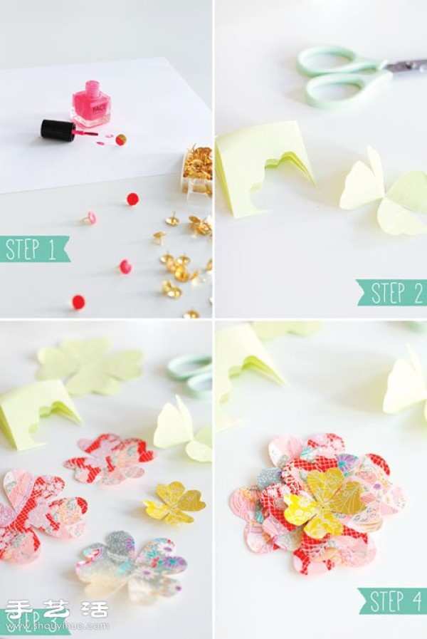 Illustrations of making super beautiful handmade paper flowers on sticky paper/cardboard + push pins