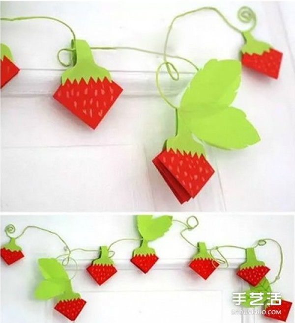 Illustrations on how to fold origami strawberries for children can be used as wall decorations or necklaces