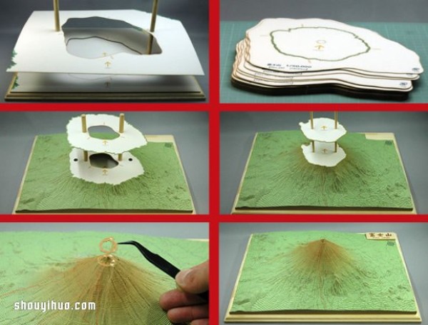 Stack the handmade paper models of Mount Fuji layer by layers according to the contours