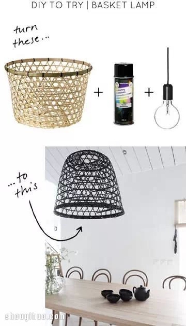 Old bamboo baskets are simply transformed by spray painting and DIY is used to make fashionable lampshades