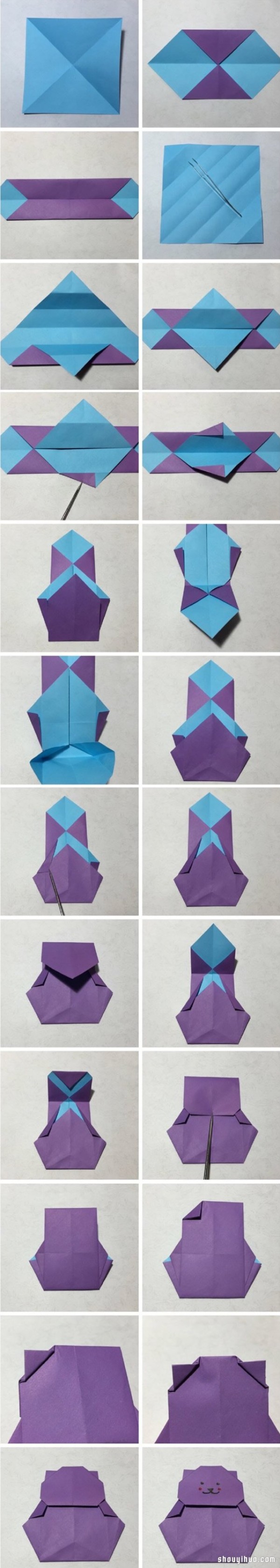 Illustrations of how to fold a cute little bear with a hand-made origami and a loving heart