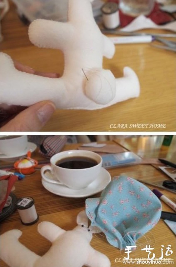 Tutorial on making a rabbit holding a ball with handmade fabrics