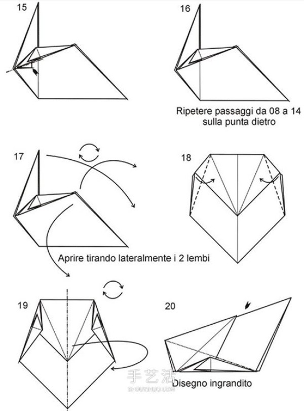 Step-by-step diagram of folding three-dimensional lizard, process of hand-made origami lizard