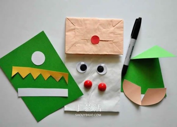 Tutorial on making Christmas elf puppets from paper bags