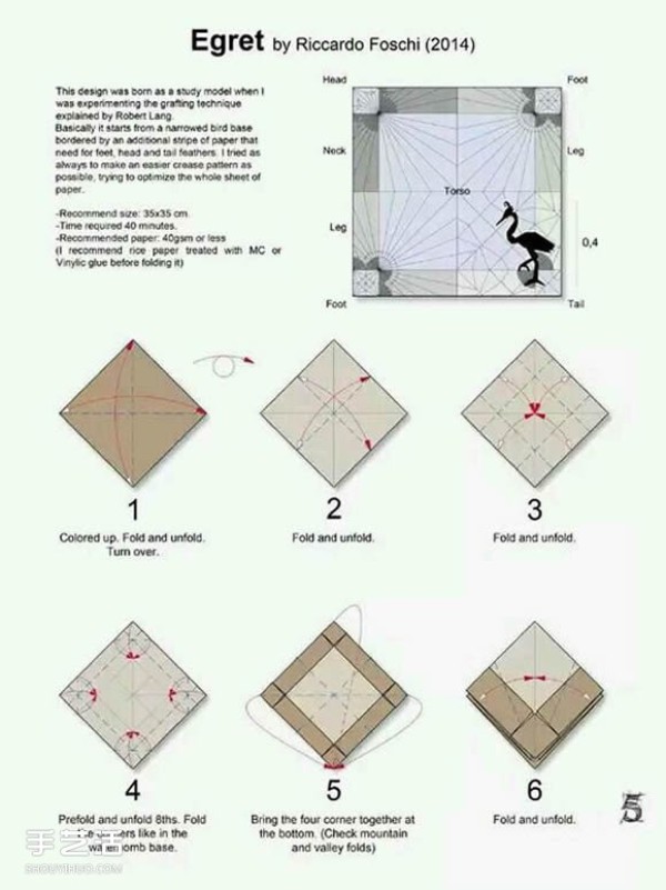 How to fold paper egrets with detailed illustrations of steps for folding three-dimensional egrets