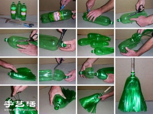 Illustrated tutorial on making a mop from a large bottle of beverage bottle