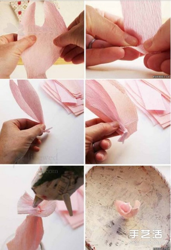 Steps to make large crinkled paper flowers. Illustrations of how to fold handmade crinkled paper flowers.Solution