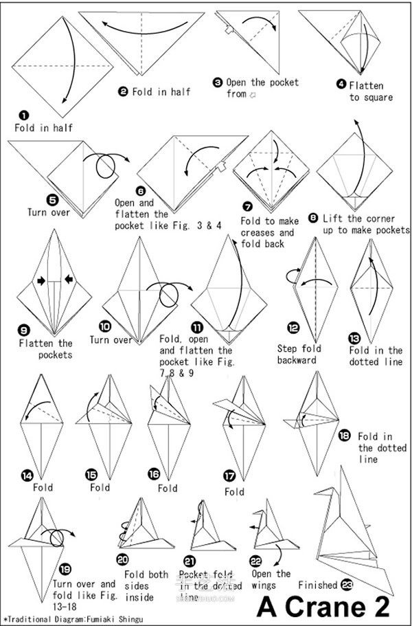 Two ways of folding paper cranes, the step number 999 only represents eternity