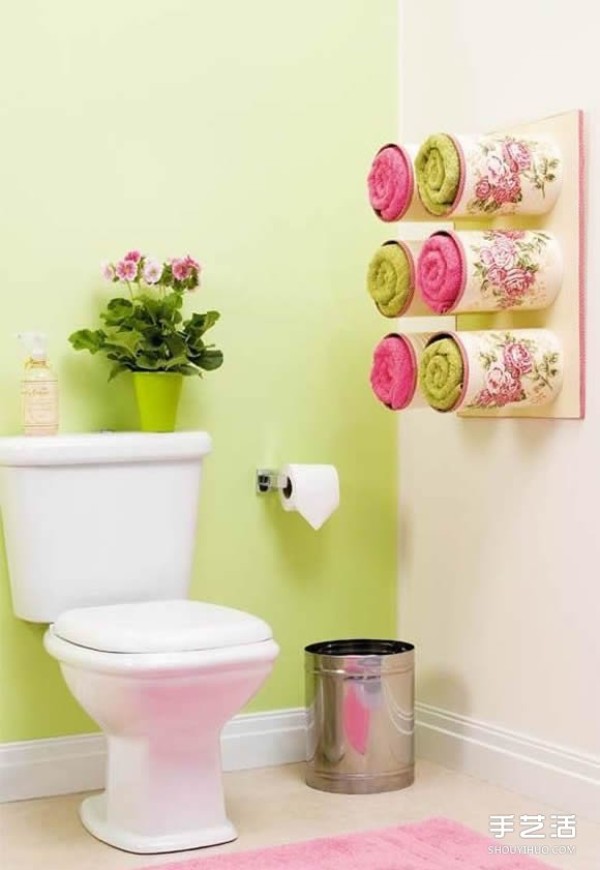 Use milk powder can waste to DIY a beautiful and fashionable bath towel storage rack