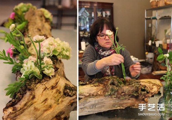 Use dead wood waste in DIY flower pots to make forest-style flower arrangements.