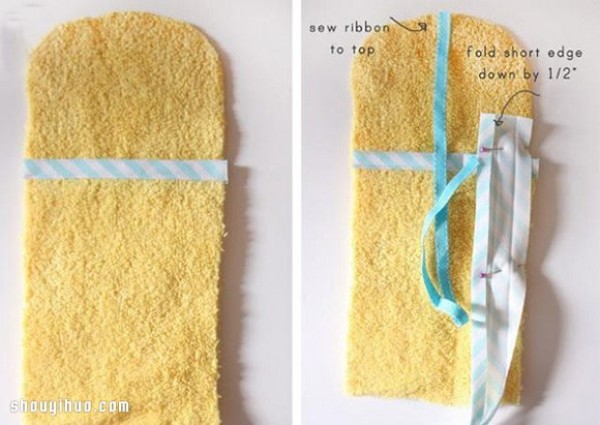 Old towels are repurposed and handmade to make toiletry storage bags