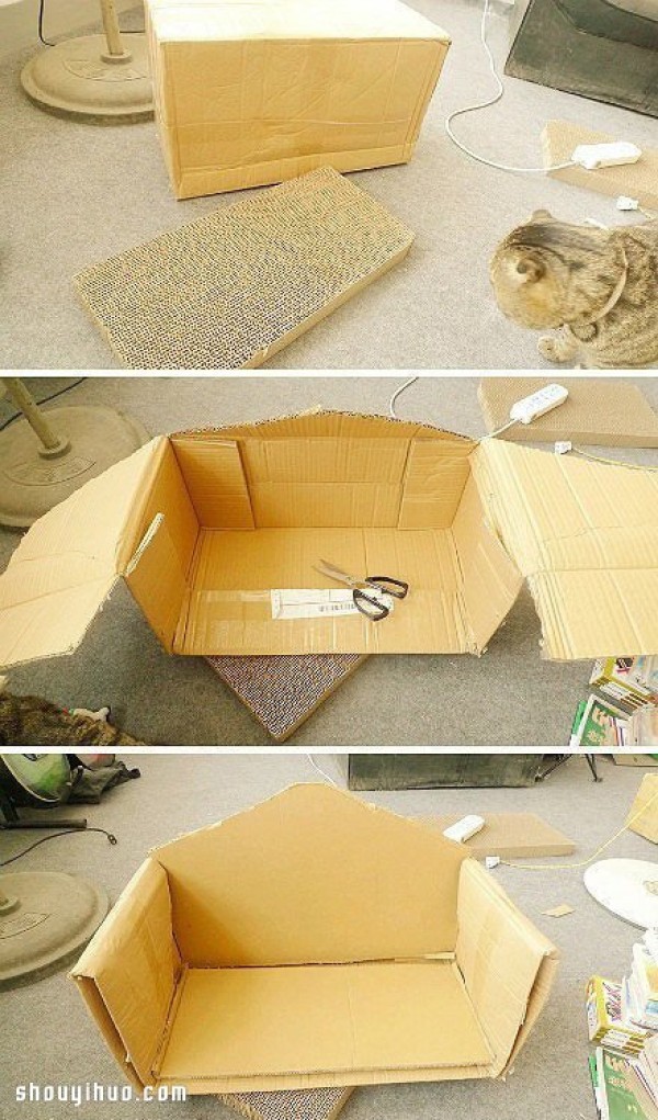 Illustrated tutorial on how to make a comfortable cat nest using waste cardboard boxes