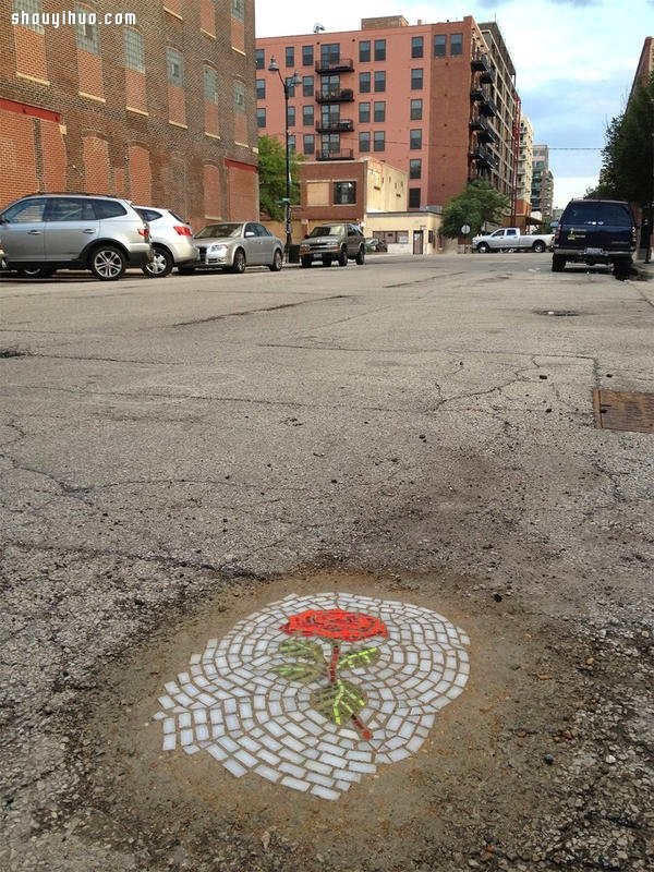 Mosaic on the road potholes DIY beautiful road beautification art