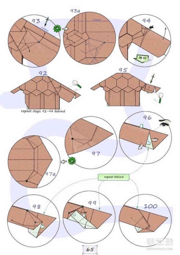 Super difficult origami turtle tutorial with illustrations of folding a realistic three-dimensional turtle