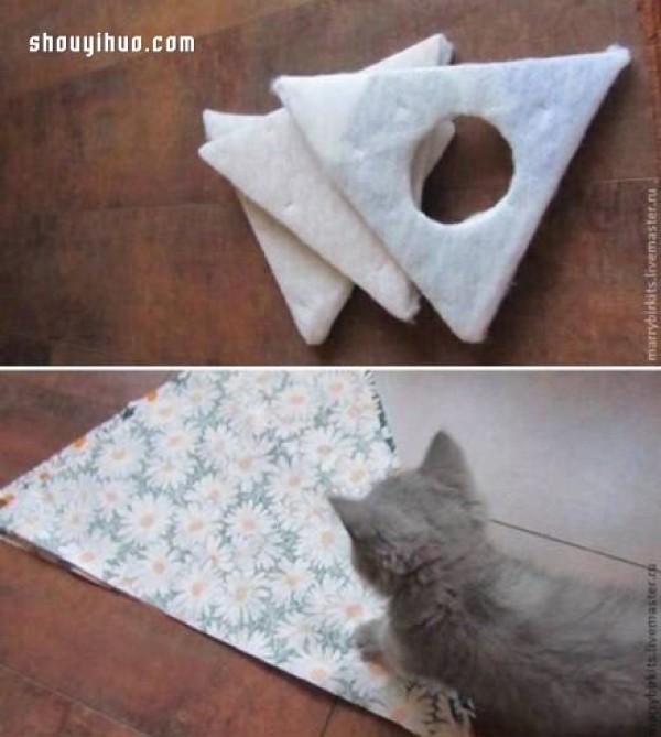 Illustrated tutorial on making a cute cat nest using corrugated paper and non-woven fabric