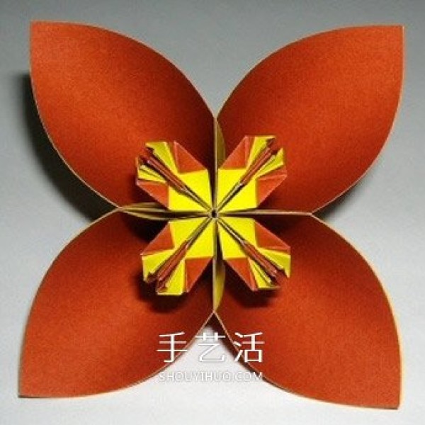 Illustration of the origami method of six four-petal flowers combined into beautiful flower balls