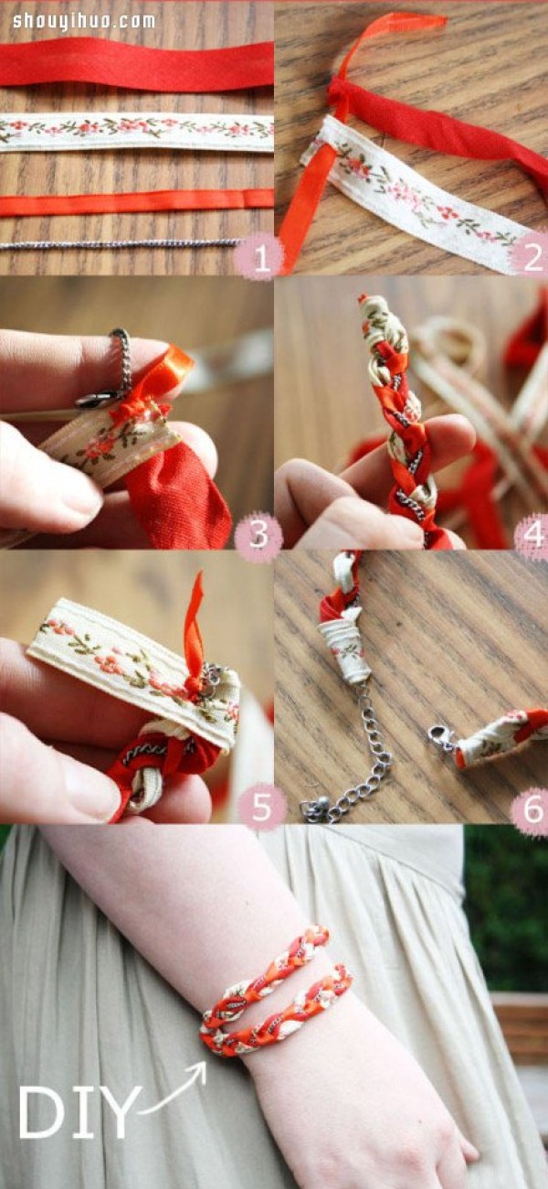 Non-woven fabric + ribbon + metal chain ethnic style mixed braided bracelet braiding method