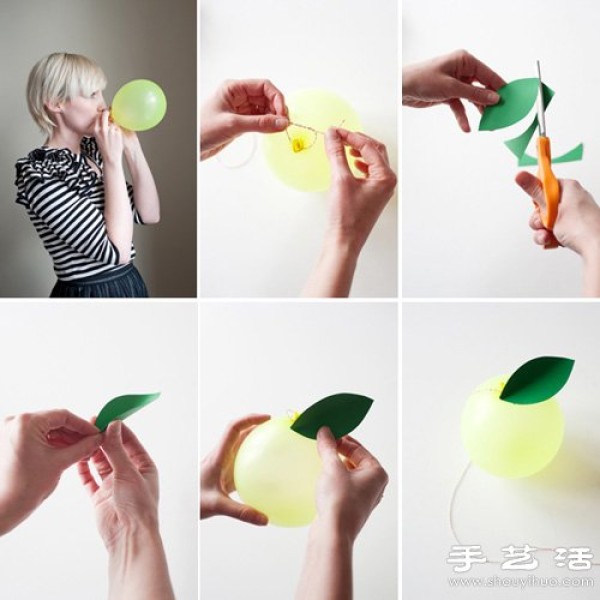 Balloons combined with paper-cut handmade fantasy fruit decorations