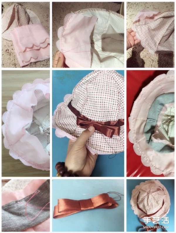 Illustration of how to make a homemade childrens fabric hat, which can block the sun and wind