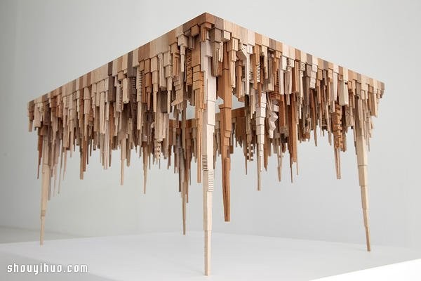 Amazing three-dimensional wood carving city skyline