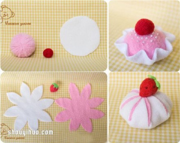 A set of cute illustrated tutorials on hand-made non-woven cakes and desserts