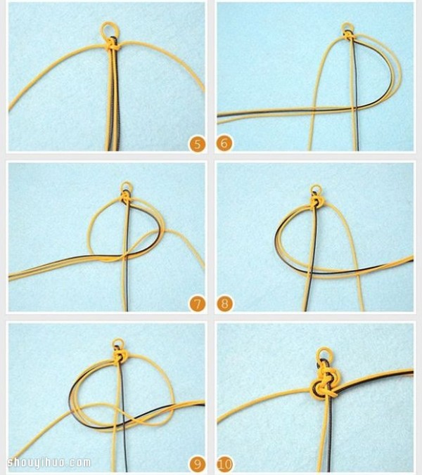 Detailed illustrated steps of weaving a wavy bracelet with two wax ropes