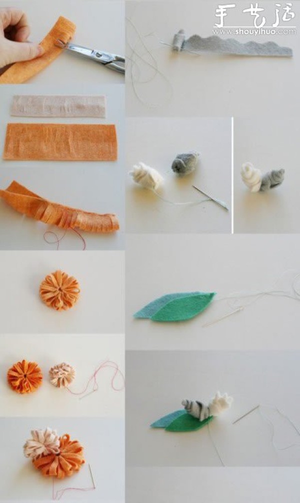 Handmade fabrics to make flowers with green leaves