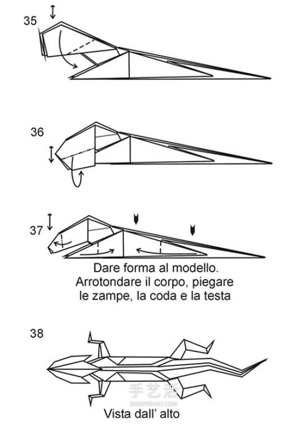 Step-by-step diagram of folding three-dimensional lizard, process of hand-made origami lizard