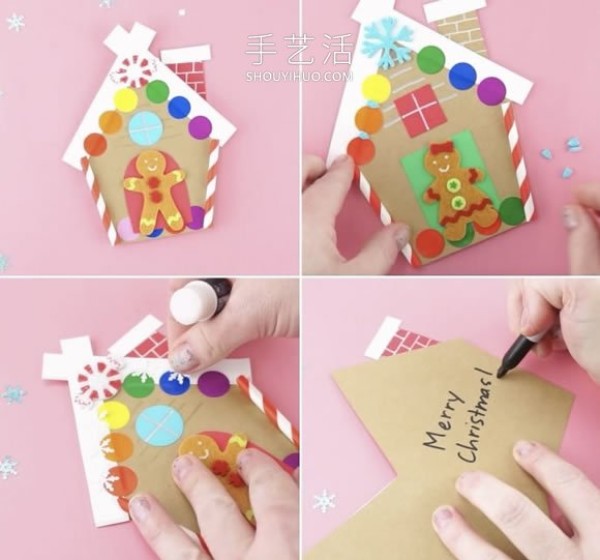 Illustrated tutorial on how to make homemade Christmas gingerbread house cards