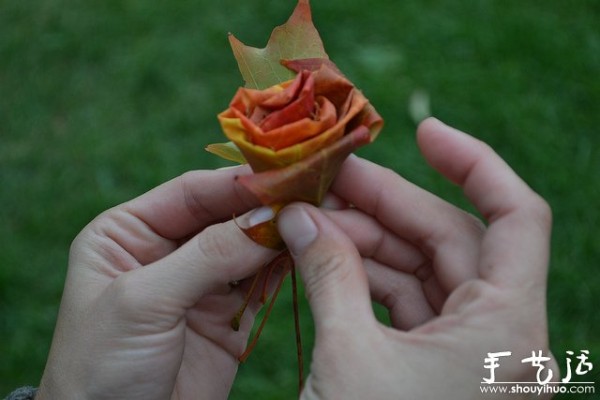 Handmade roses with fiery red maple leaves