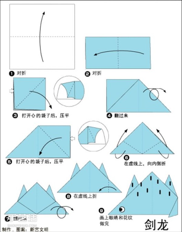 A simple way to fold a dinosaur, a complete collection of childrens origami, dinosaur origami illustrations