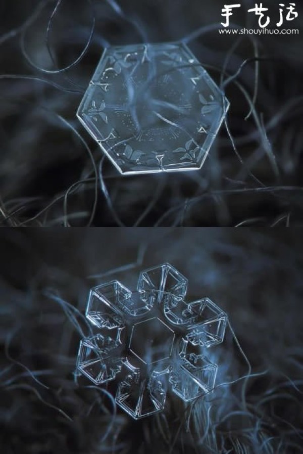 Crystal snowflakes captured with the lens reversed to macro