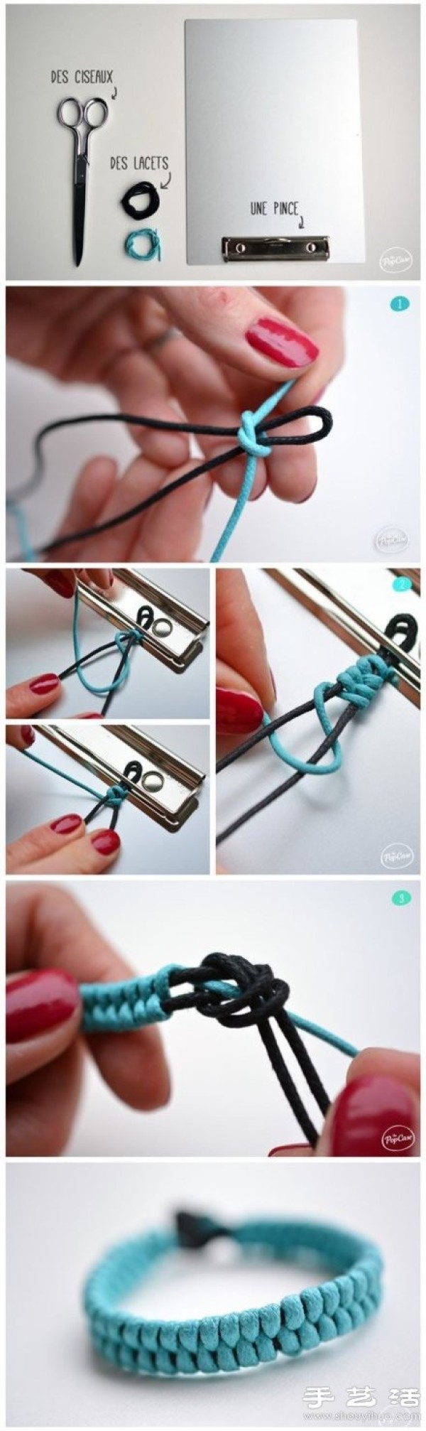 Illustration of how to braid a two-strand rope bracelet