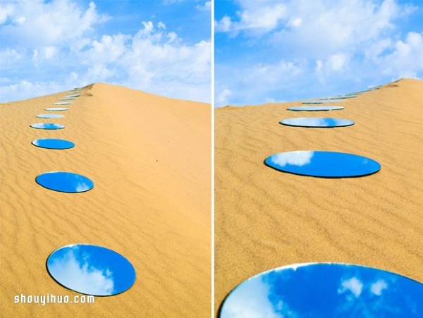 The mirage-like installation art desert and the blue sky in the mirror of high-rise buildings