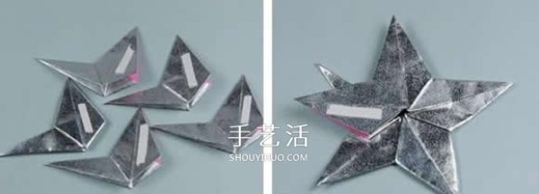 Illustration of folding a shining five-pointed star and combining three-dimensional star origami