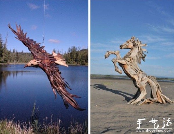 Realistic animal sculptures carved from driftwood